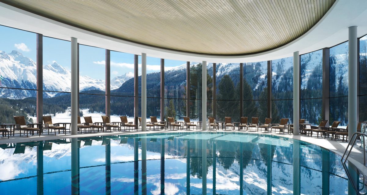 The infinity pool at the exclusive Palace Wellness spa in St. Moritz