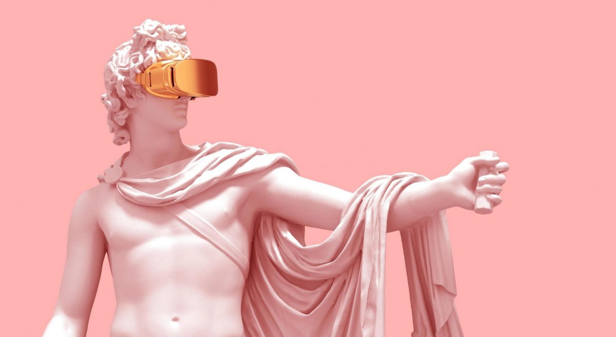 Statue with virtual reality mask on