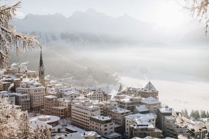 Winter scene of Badrutt's Palace Hotel