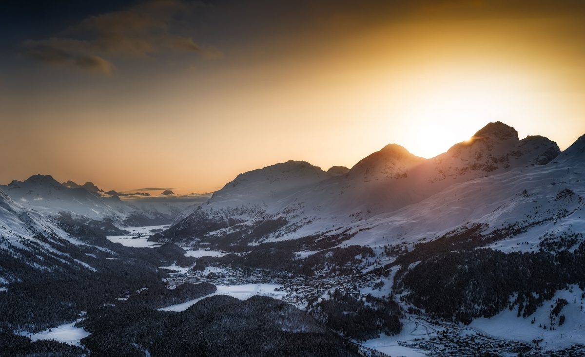 View of the Engadin Valley at sunset from Muottas Muragl