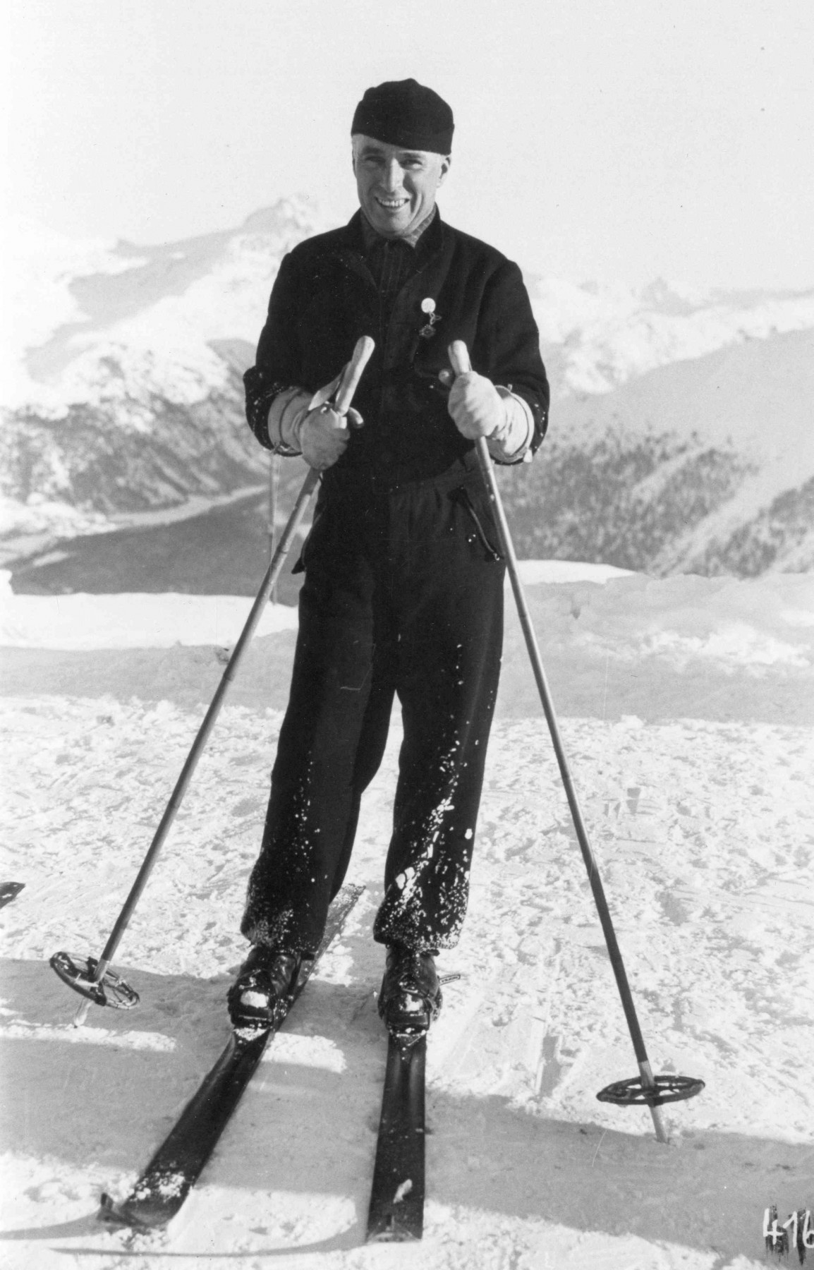 Black and white image of Charlie Chaplin in St. Moritz