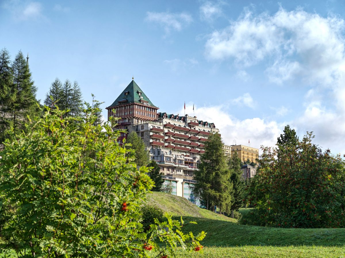 Badrutt's Palace Hotel and garden in St. Moritz