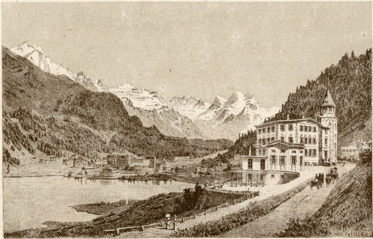 Historic illustration of Beau Rivage Hotel (later Badrutt's Palace Hotel) in St. Moritz