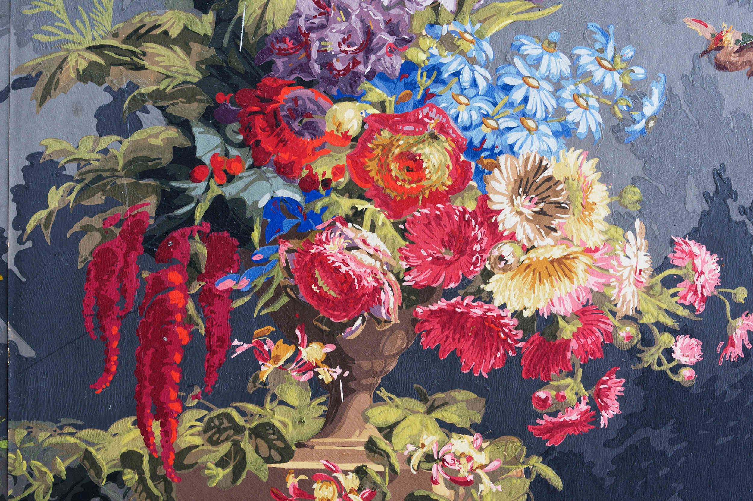 Colourful floral scene on wallpaper