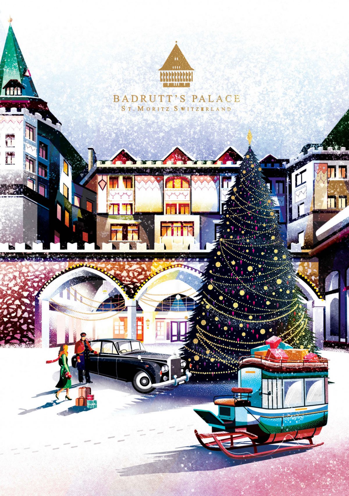 Illustrative Weihnachtskarte des Badrutt’s Palace von Sophie Minto
