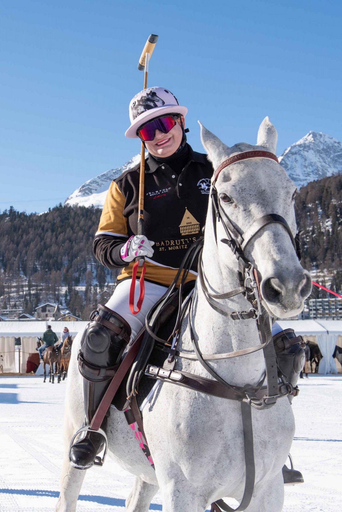 Melissa Ganzi on her horse at the Snow Polo World Cup St. Moritz