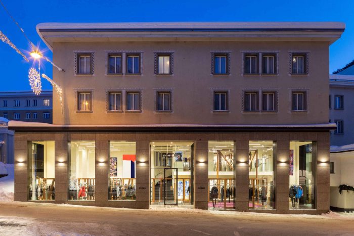 Modes store exterior at night in St. Moritz
