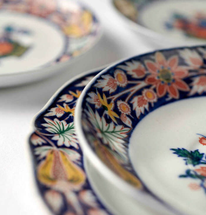Items from Badrutt's Palace Hotel's Wedgwood collection featuring the Poterat Etruria pattern