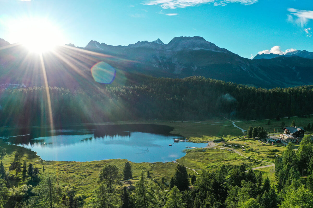 Photo looking down on Lej da Staz, St. Moritz, in summer