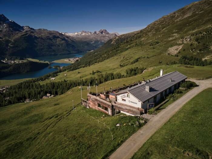 Aerial photo of Paradiso Mountain Club & Restaurant, St. Moritz in summer
