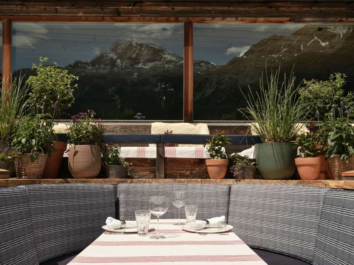 Terrace restaurant in summer at Paradiso Mountain Club & Restaurant, St. Moritz 