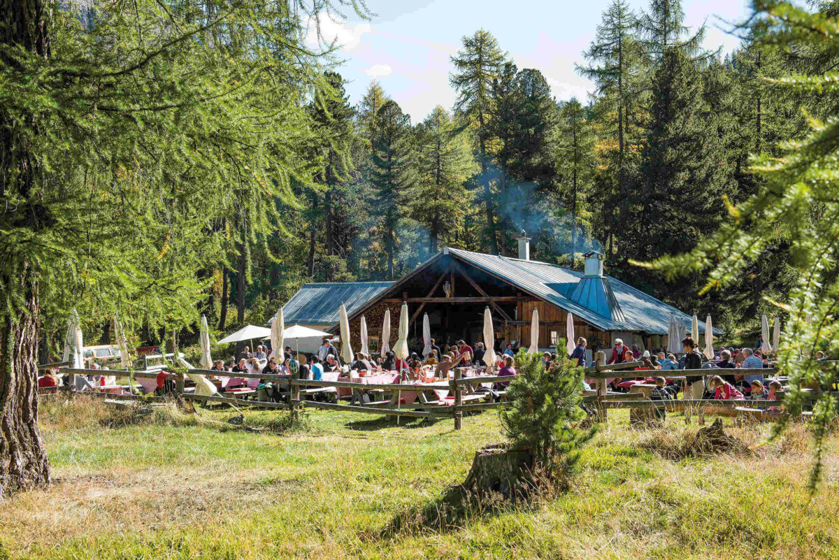 Outside terrace of Sennerei Pontresina cheese dairy restaurant, Engadin, Switzerland