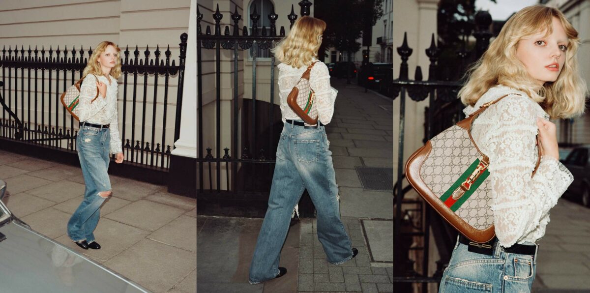 Three images of the a model carrying a handbag