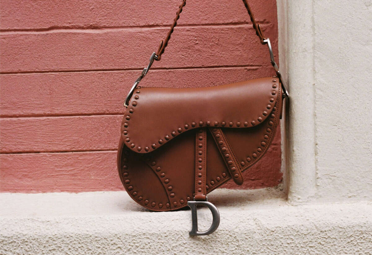 Leather bag in shape of saddle with D clasp