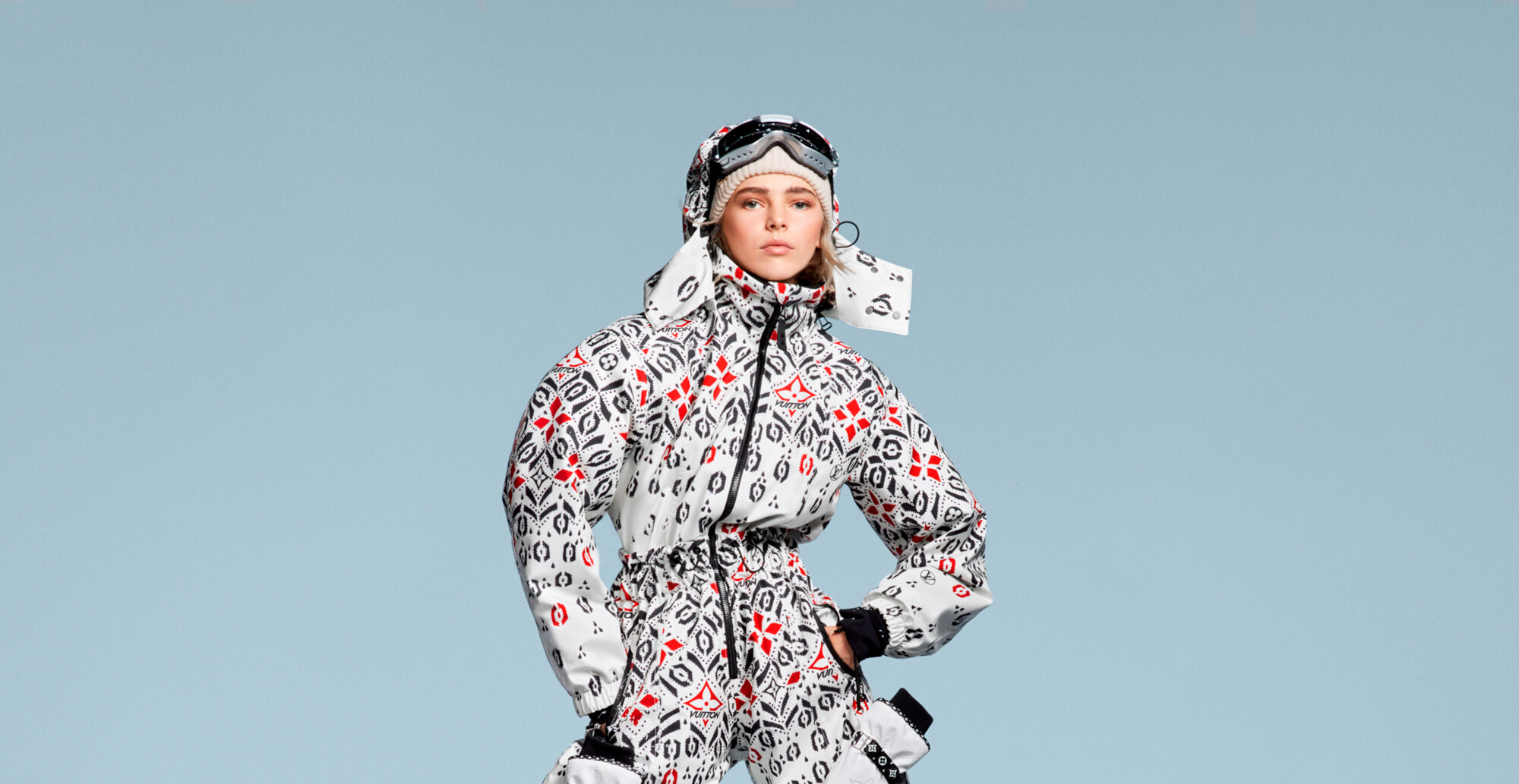 Model wearing high-fashion ski wear