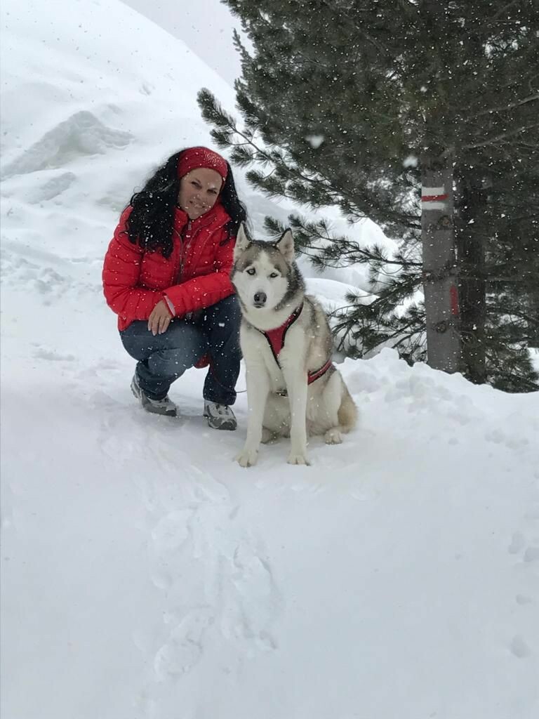 Frau neben ihrem Husky kniend im Schnee