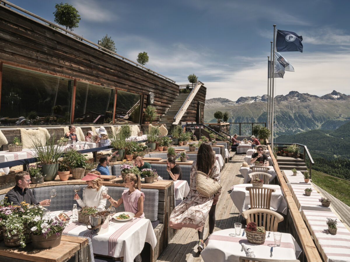 Mountain restaurant terrace in summer