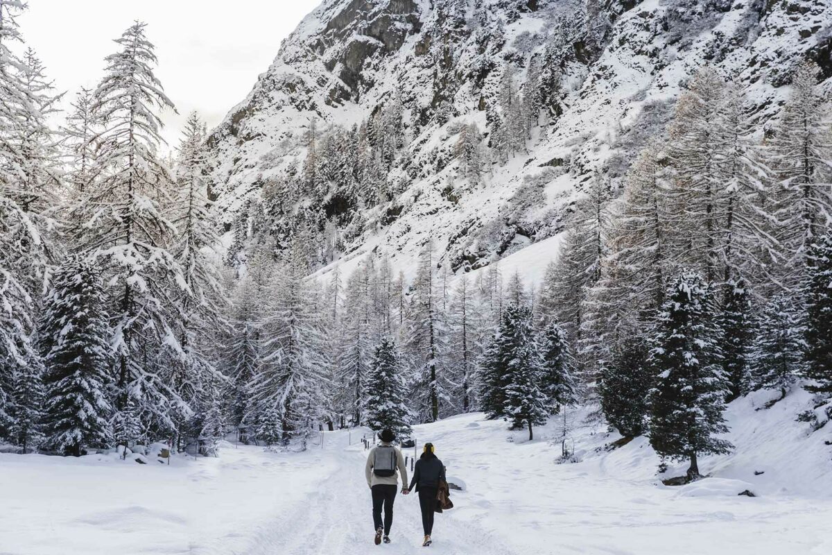 A couple walking hand in hand through a snowy mountain forest