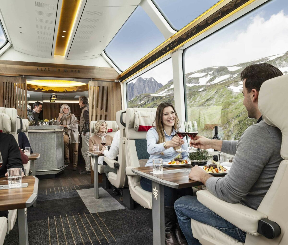 Passengers enjoying lunch on a luxury train journey