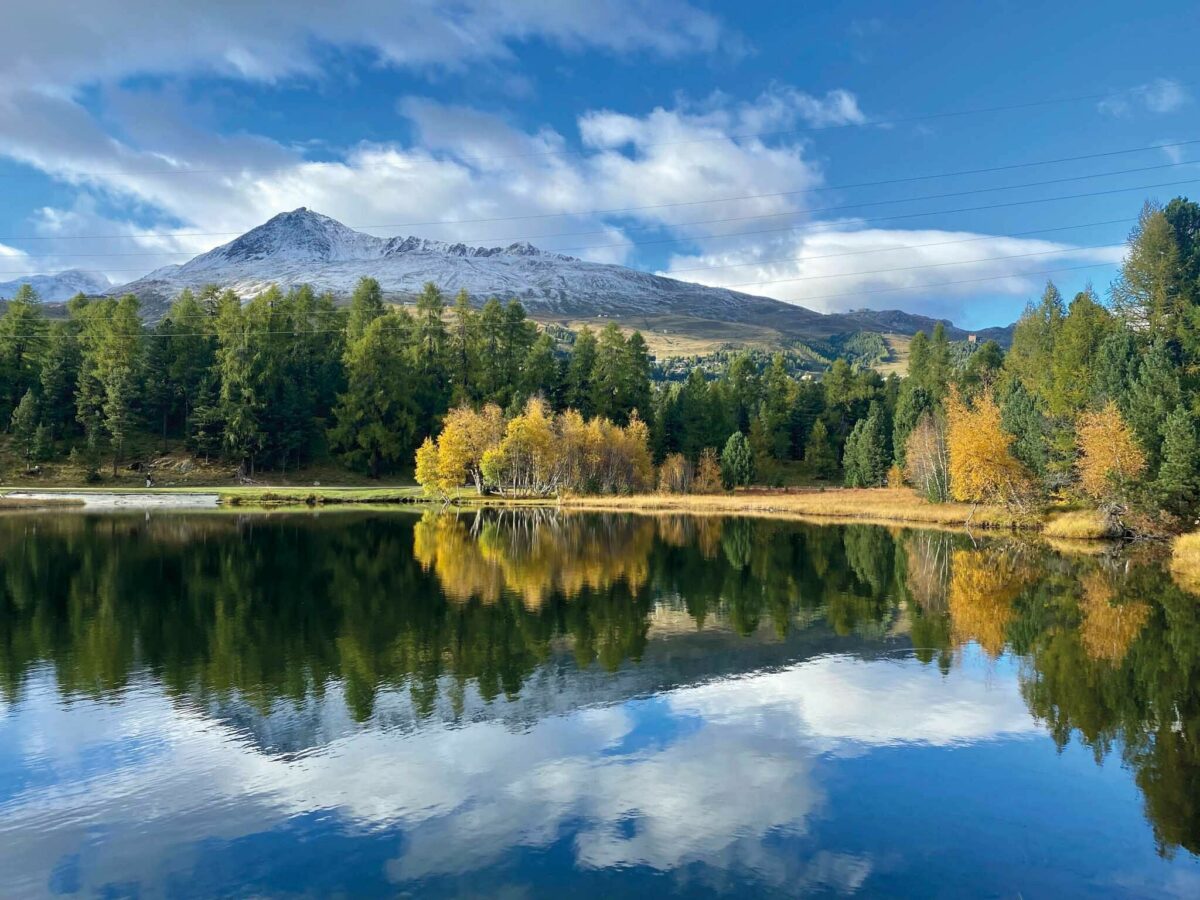 A lake with mountains and forest reflected in its waters
