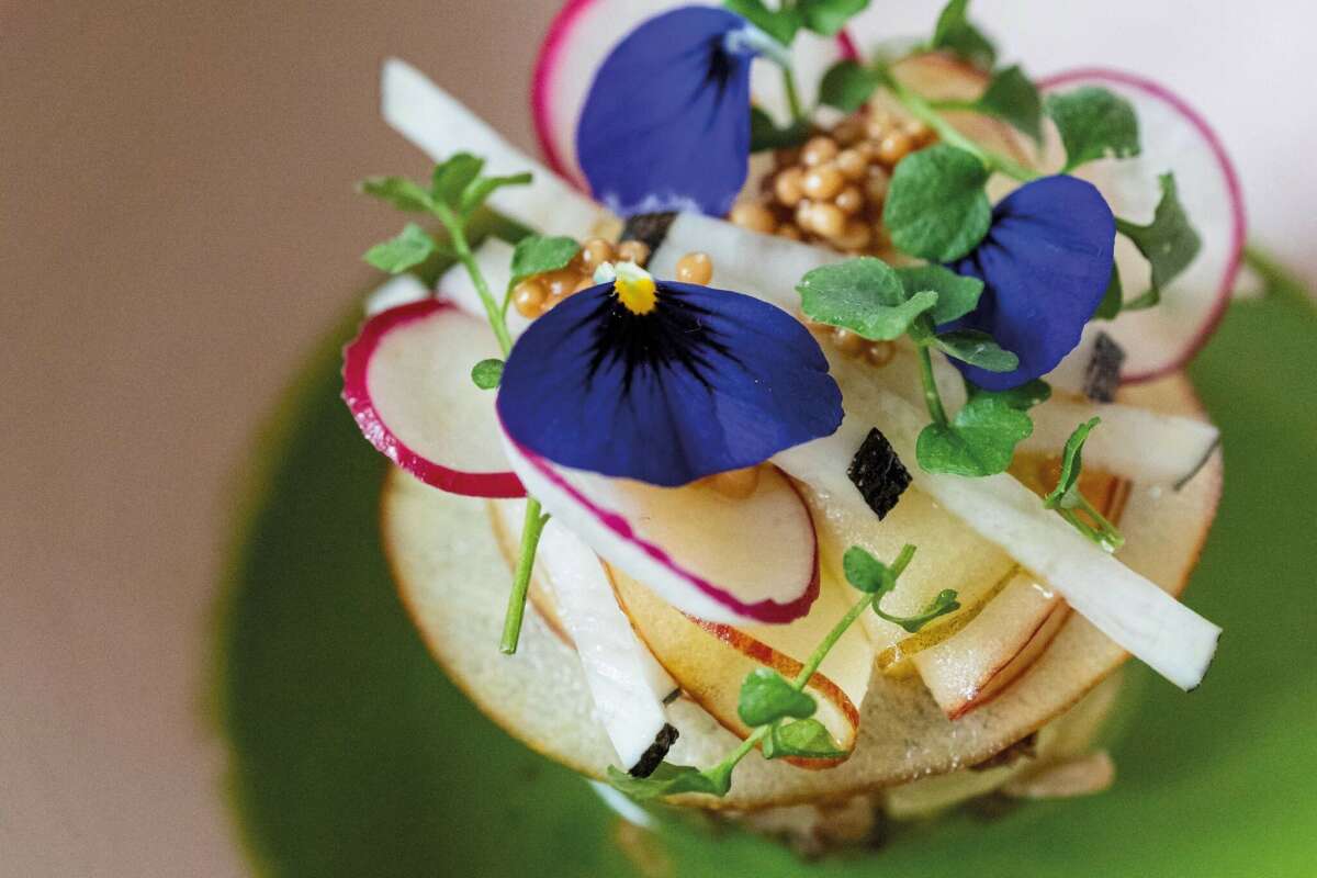 Freshly prepared dish with apple, radishes and flower petals