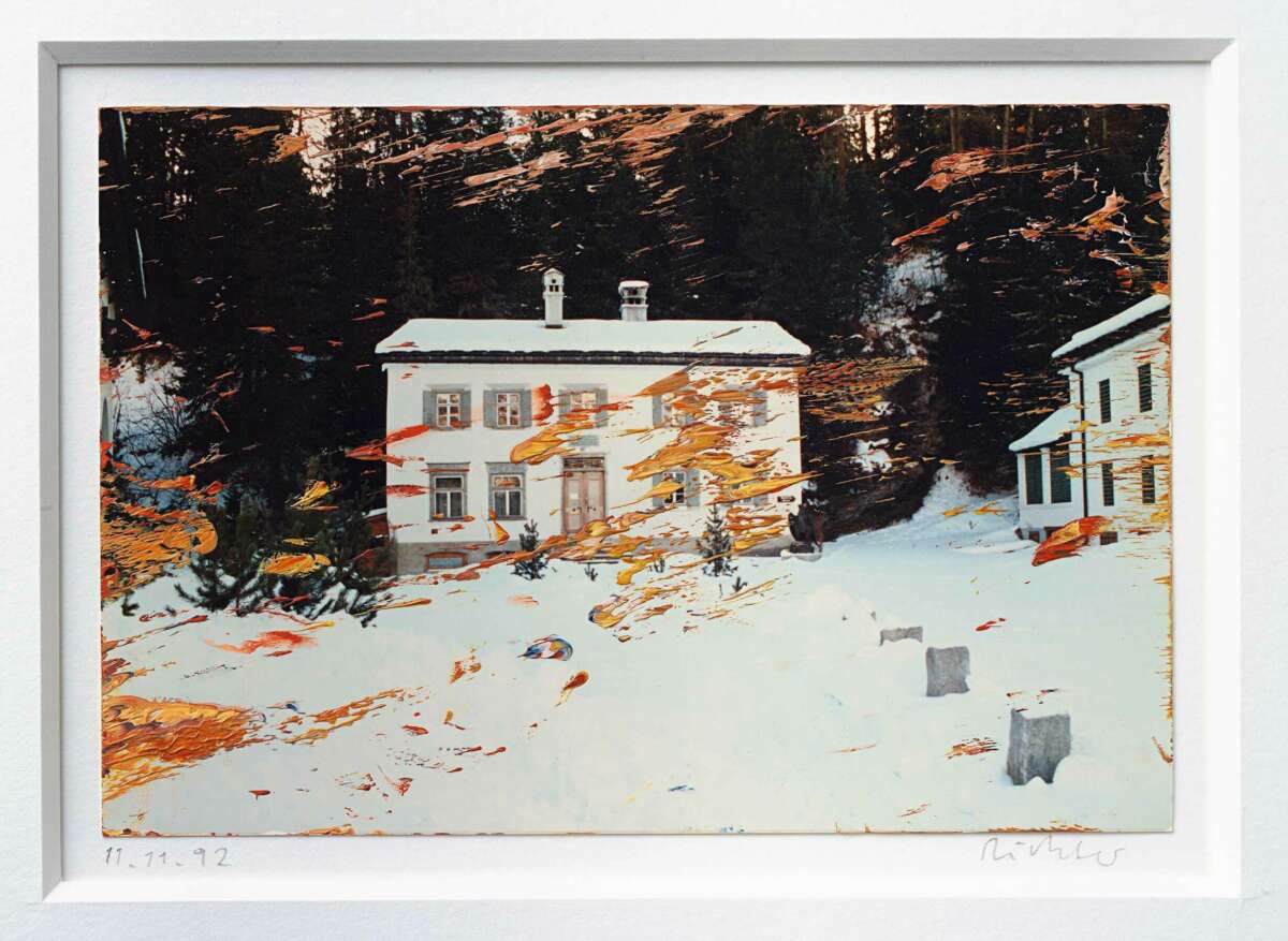 Painting of house on the edge of a forest in winter