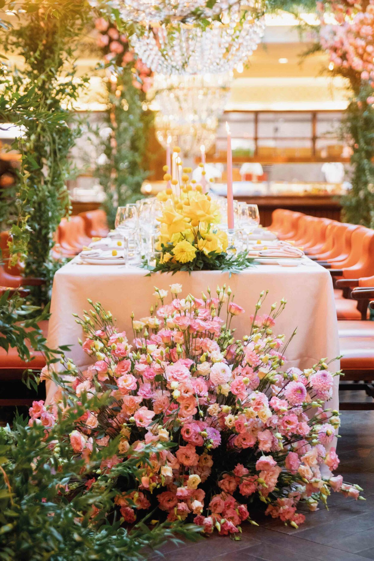 A beautiful floral arrangement on a dining table 