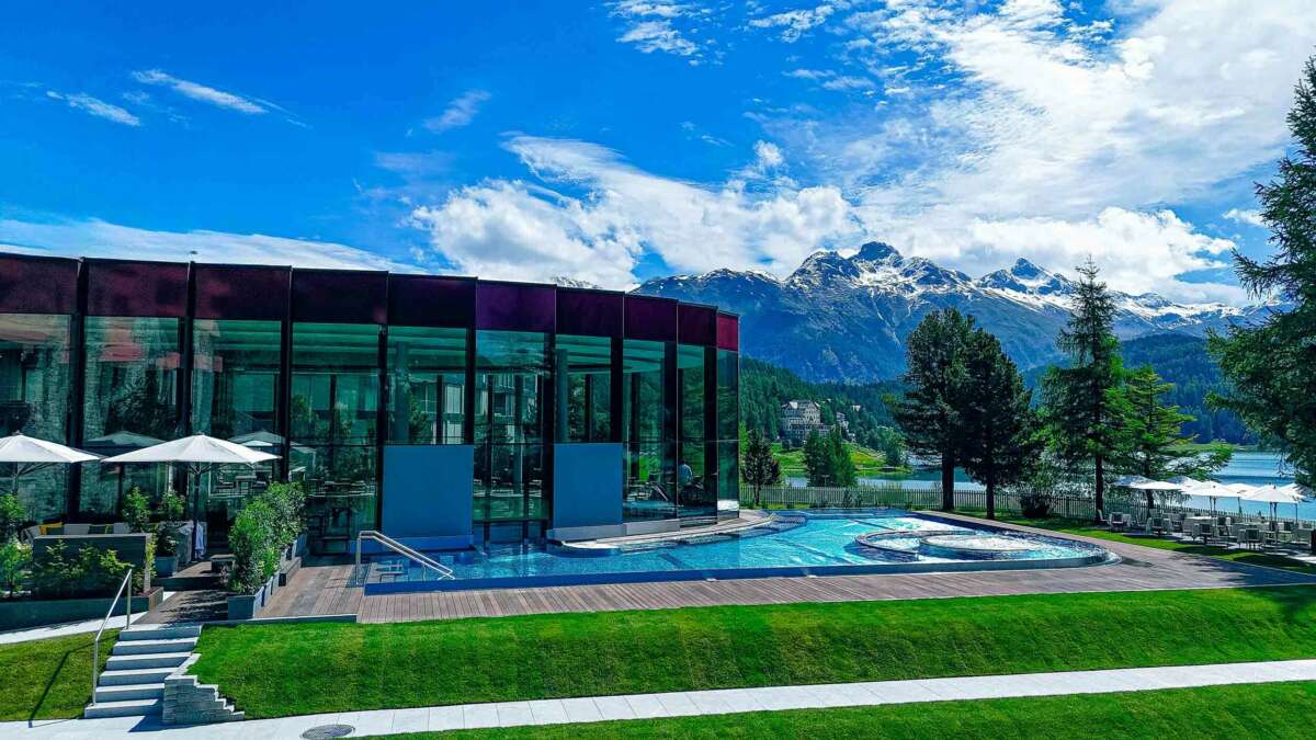 Swimming pool with mountains in the background