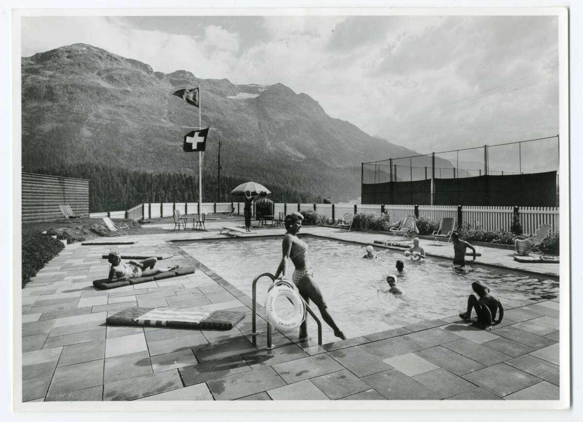 Black and white archive image of luxury swimming pool