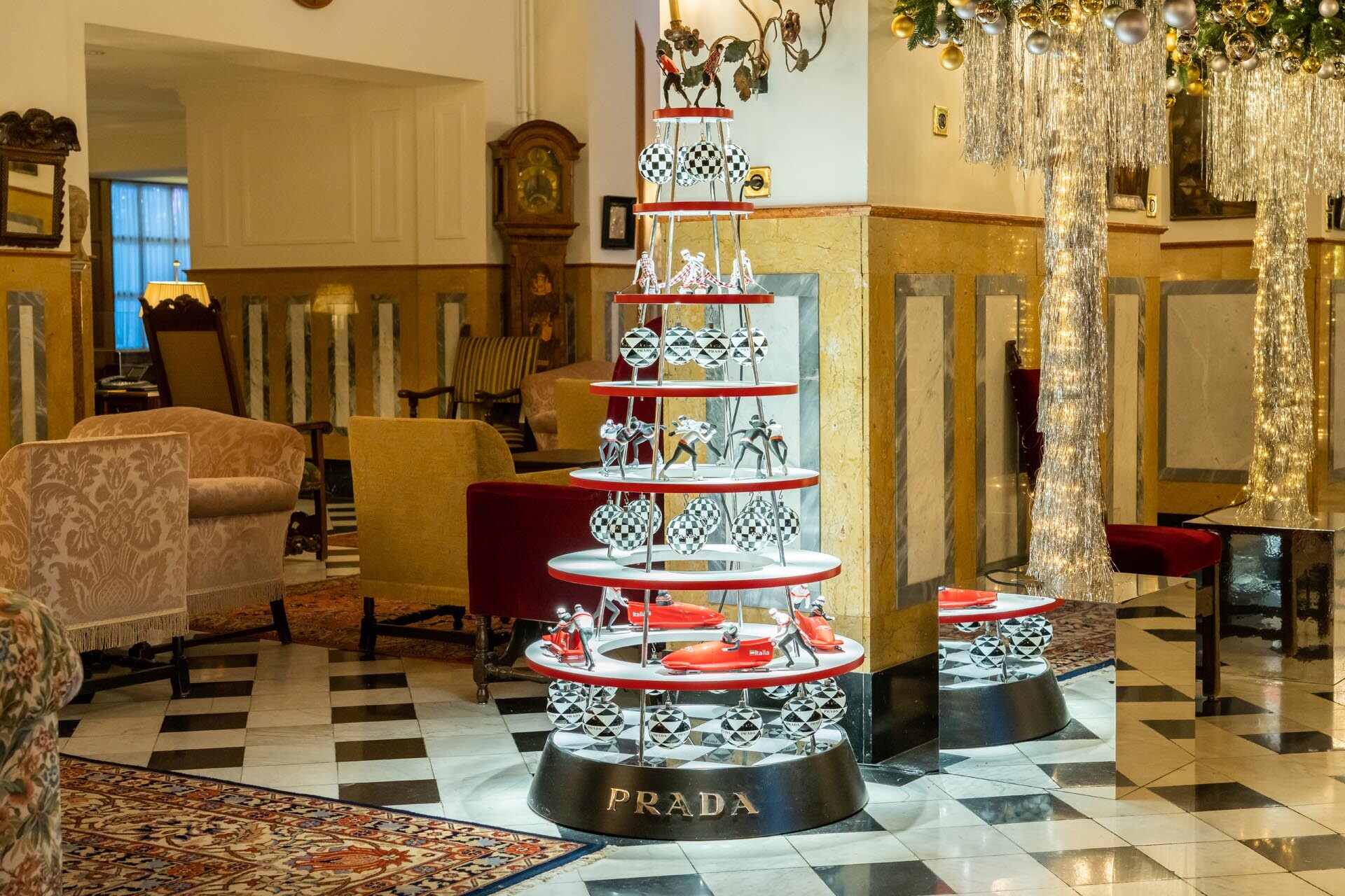 Quirky designer Christmas tree in a hotel foyer